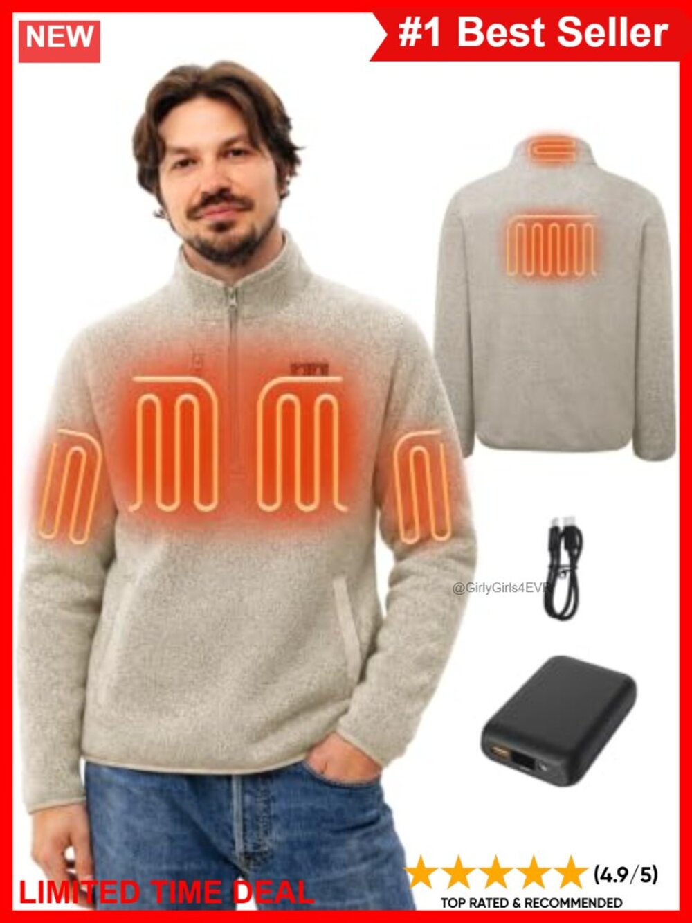 Heated Quarter-Zip Pullover with 12V 16000mAh Power Bank